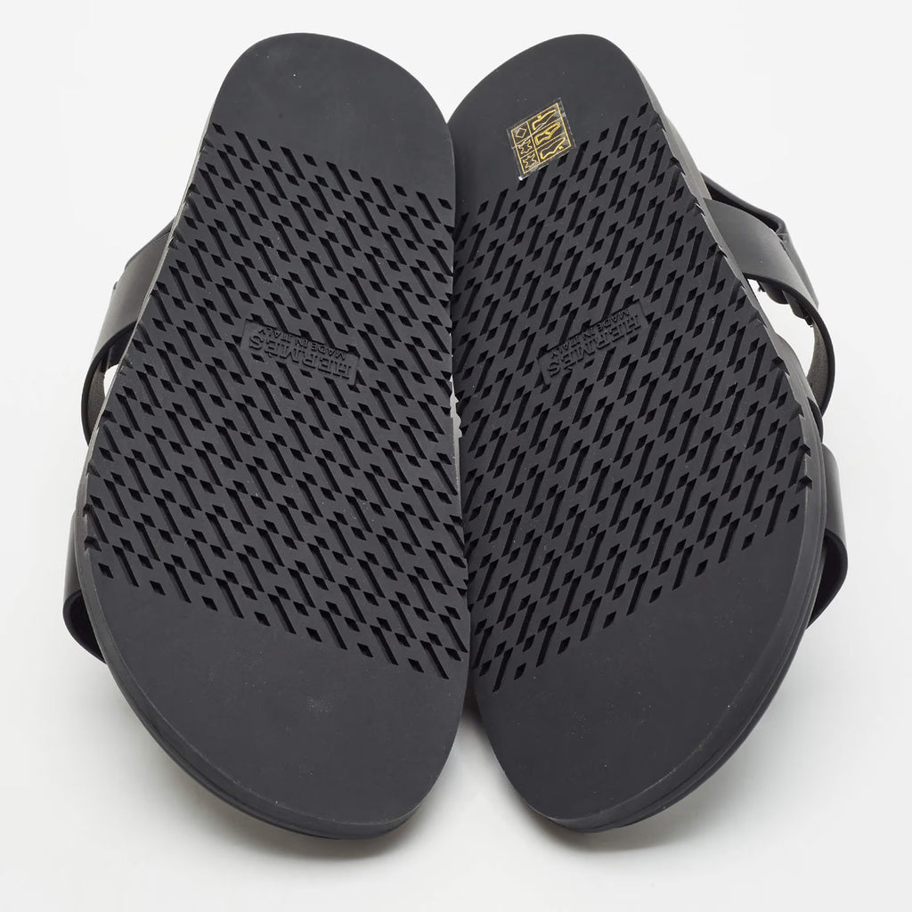 Hermes Genius Size 39 Black Leather Flat Sandals