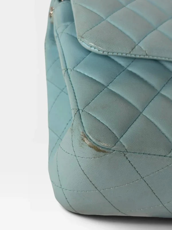 CHANEL MEDIUM DOUBLE CLASSIC FLAP LIGHT BLUE LAMBSKIN SILVER HARDWARE