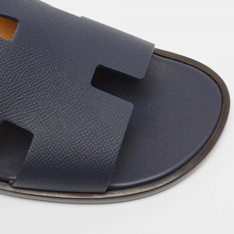 Hermès Navy Blue Leather Izmir Flat Slides Size 45