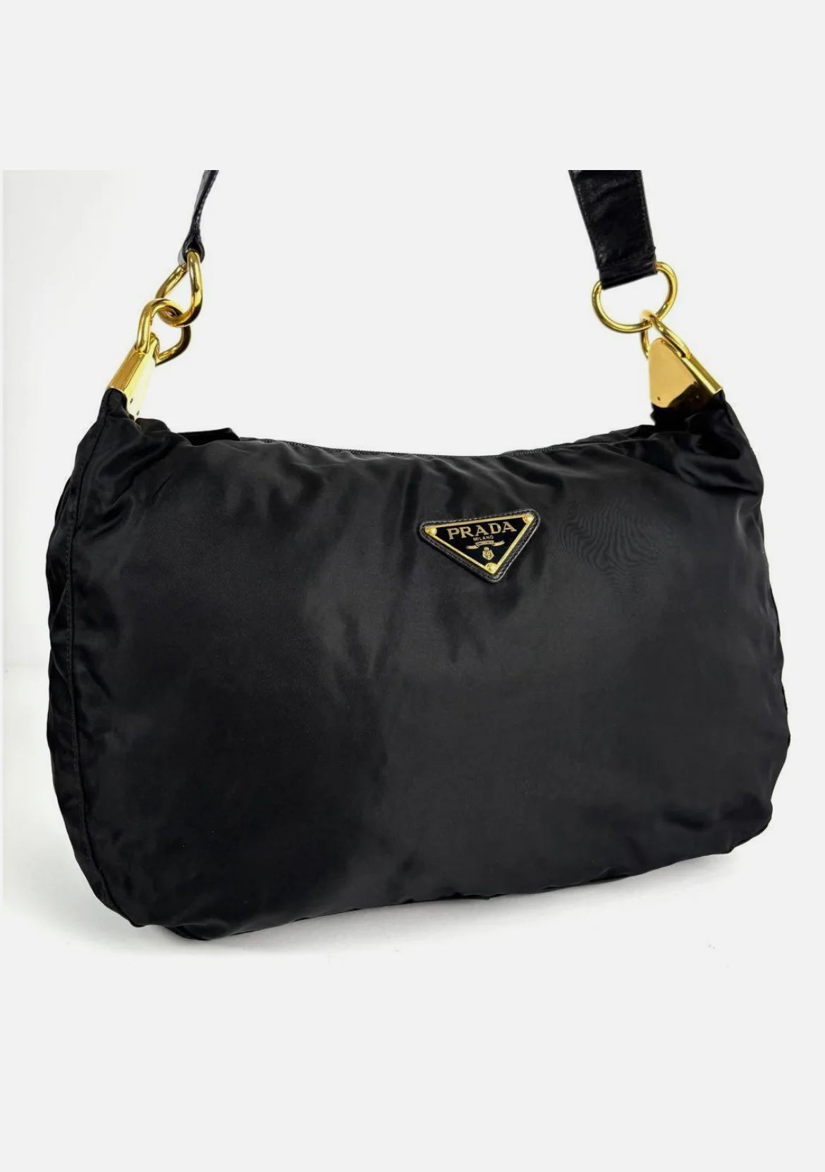 Prada Triangle Hobo Shoulder Bag Nylon Leather Black