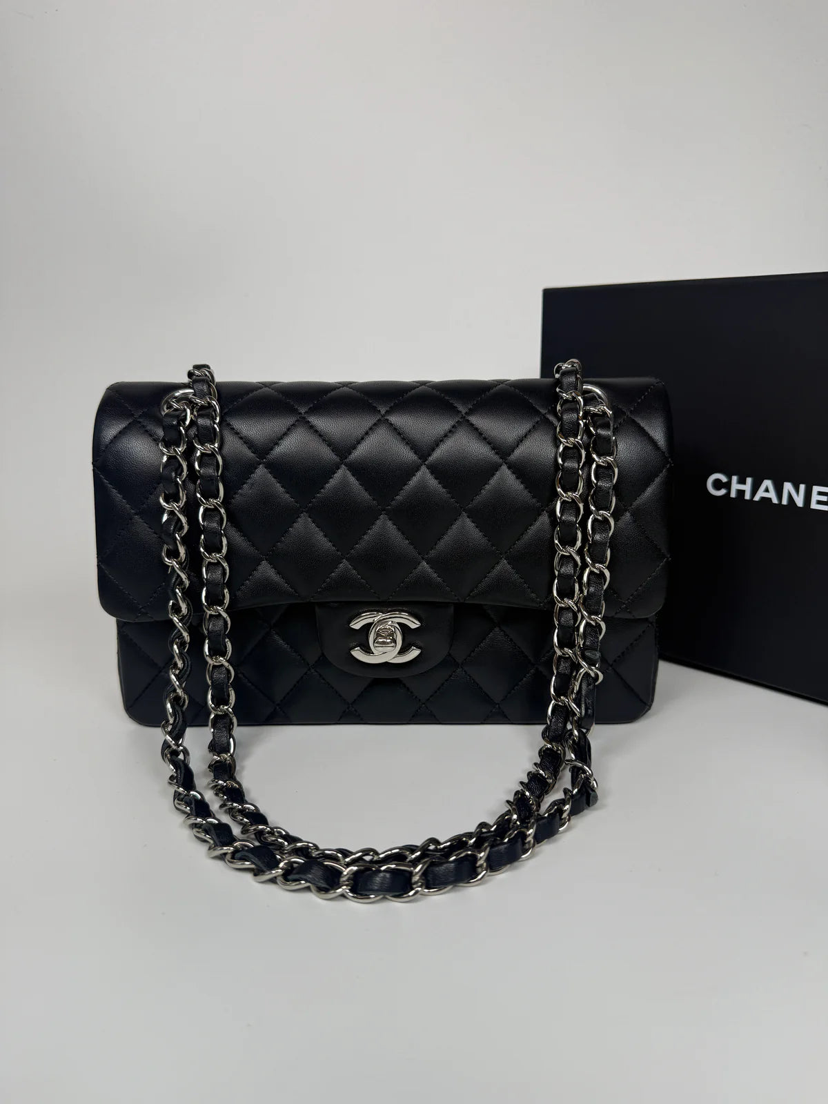 CHANEL SMALL CLASSIC DOUBLE FLAP IN BLACK LAMBSKIN LEATHER WITH SILVER HARDWARE