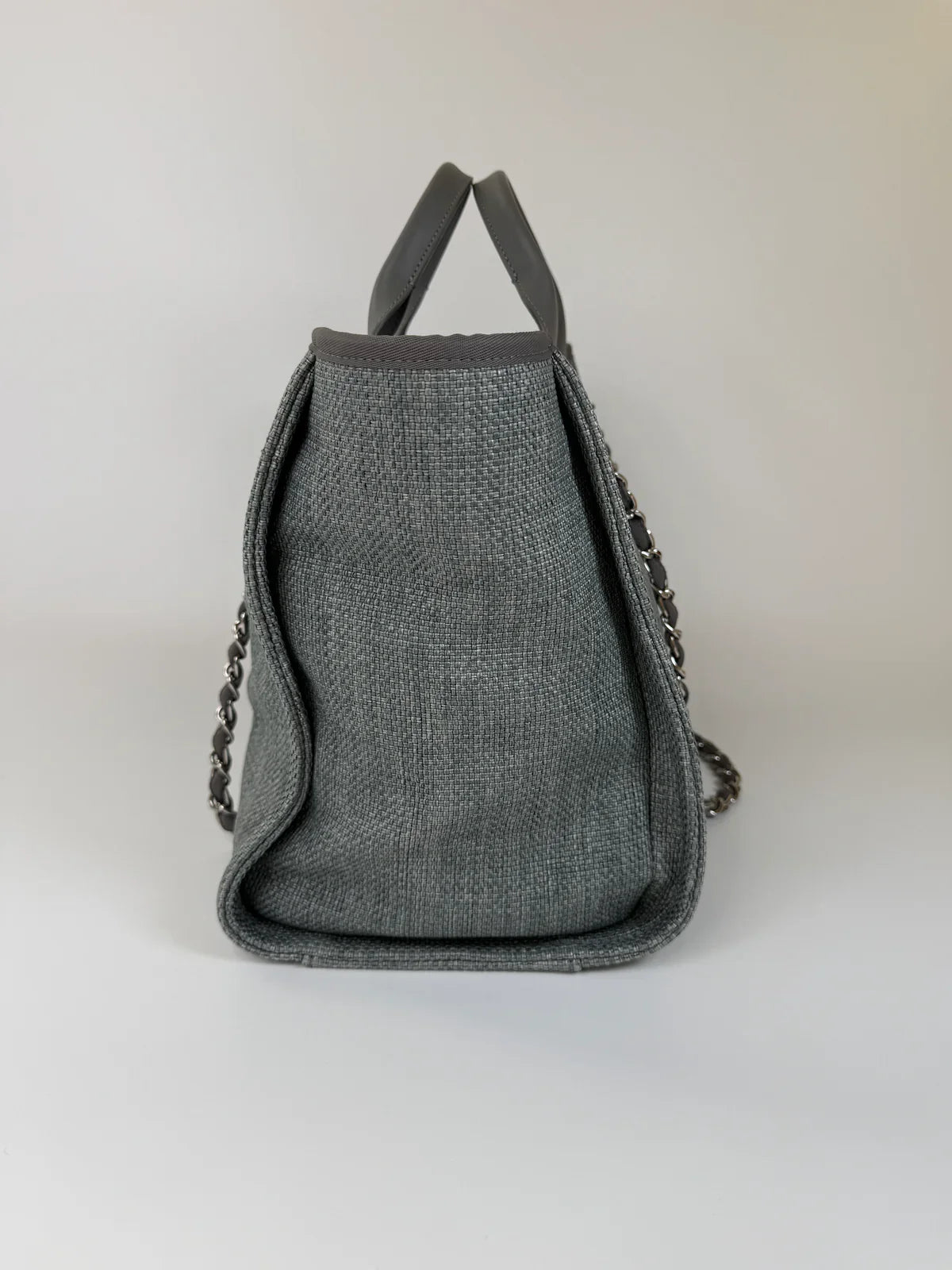 CHANEL MEDIUM DEAUVILLE TOTE BAG IN DENIM BLUE WITH SILVER HARDWARE