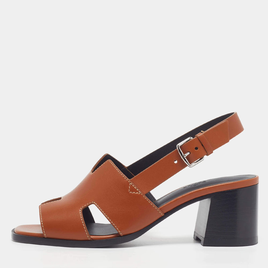 Hermès Elbe Size 39 Brown Leather Slingback Sandals