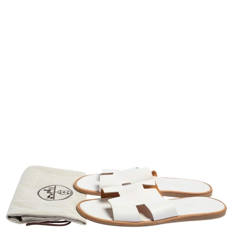 Hermes White Leather Izmir Flat Slides Size 39