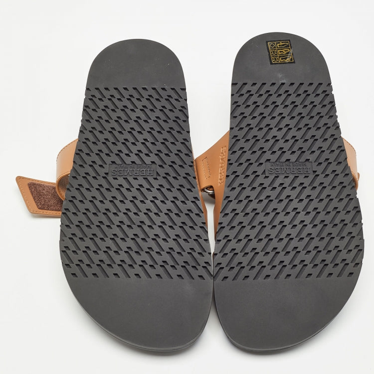 Hermes Brown Leather Chypre Flat Slides Size 39