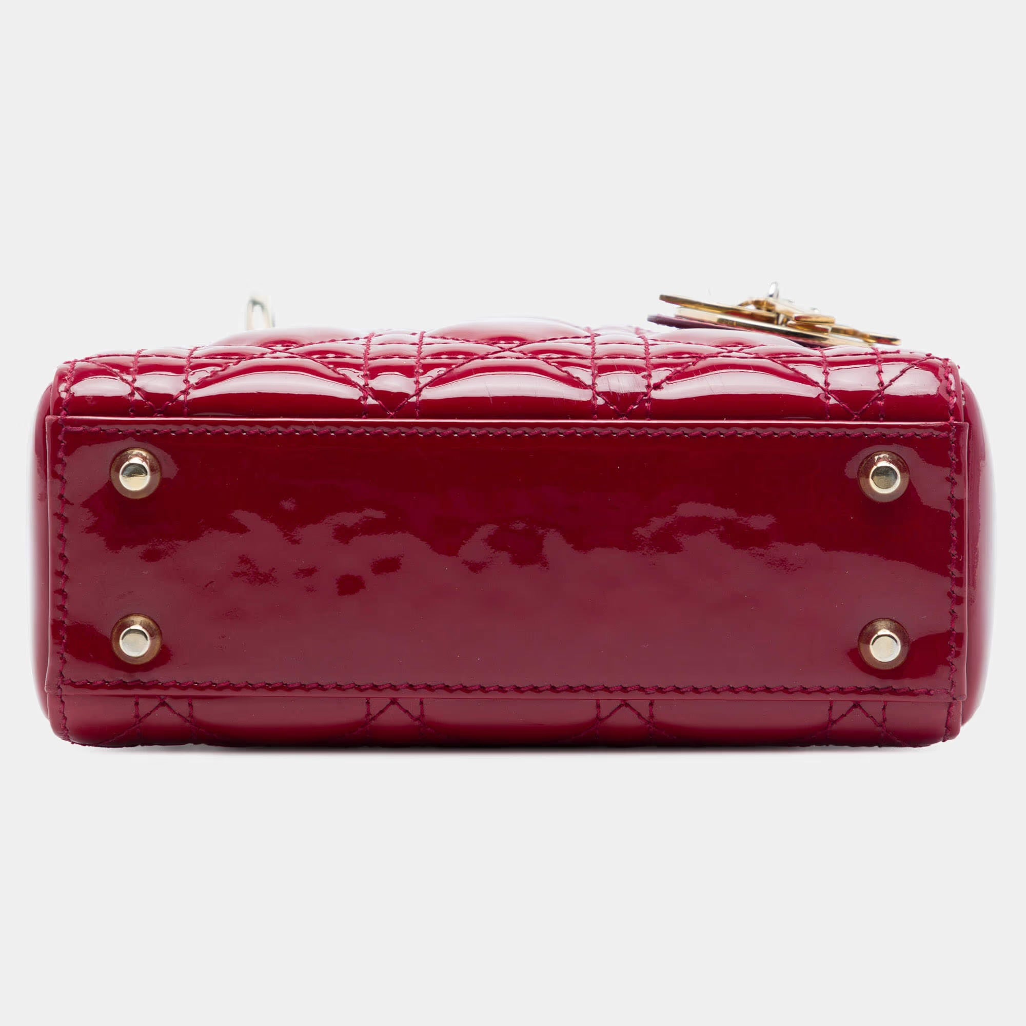 Christian Dior Mini Lady Dior Cherry Red Patent Calfskin Leather Top Handle Bag