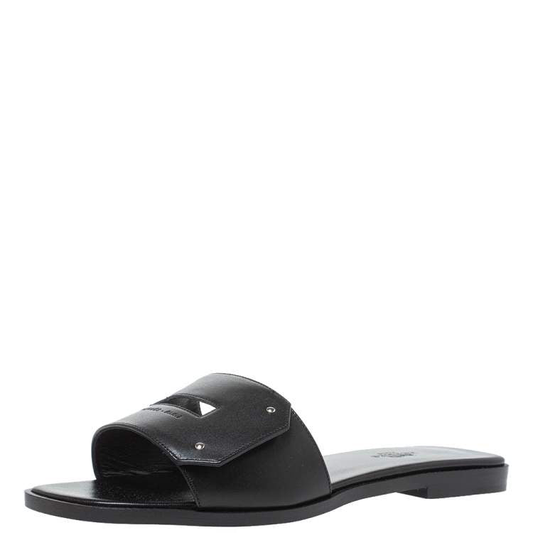 Hermes Black Leather View Slide Sandals Size 38