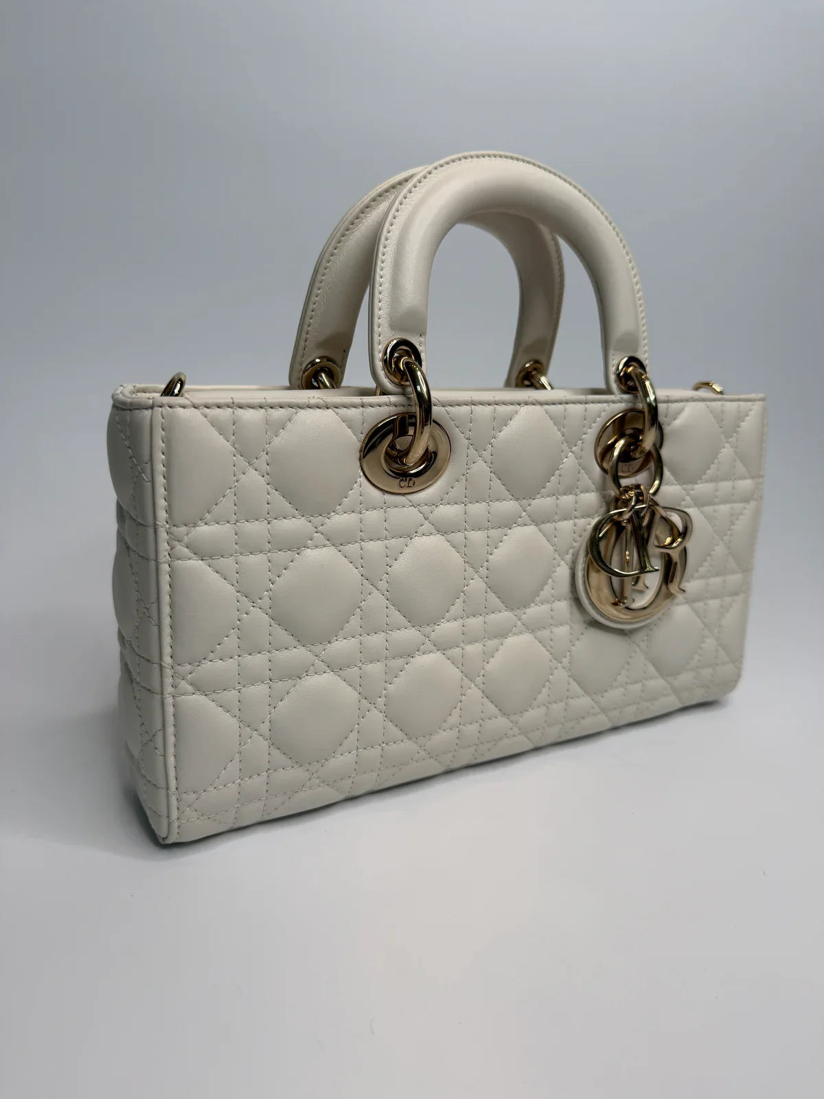CHRISTIAN DIOR MEDIUM D-JOY BAG IN LATTE WITH PALE GOLD HARDWARE
