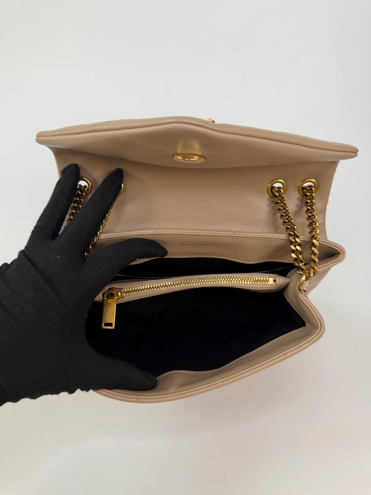 SAINT LAURENT SMALL LOULOU IN DARK BEIGE LEATHER WITH GOLD HARDWARE