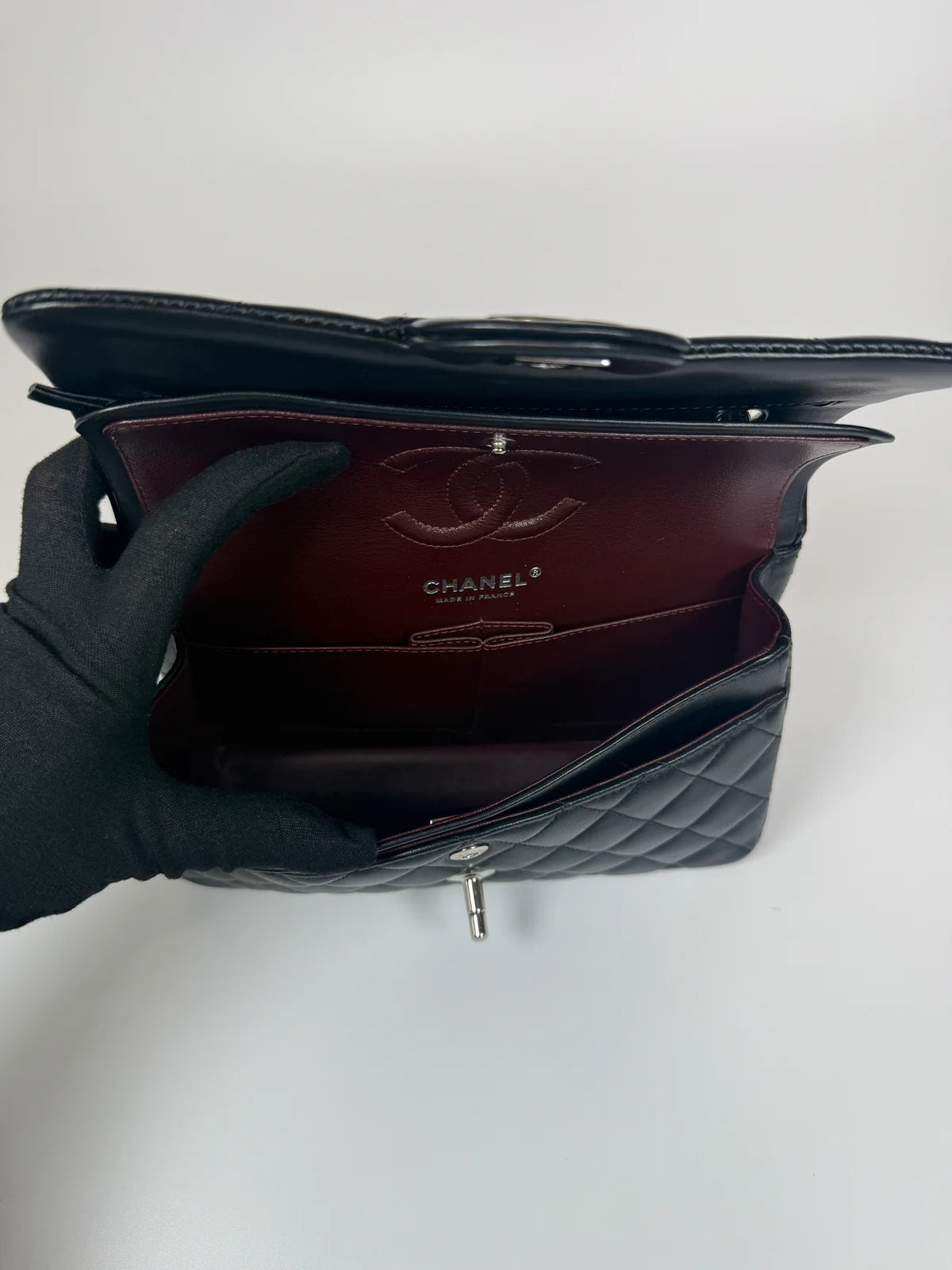 CHANEL SMALL CLASSIC DOUBLE FLAP IN BLACK LAMBSKIN LEATHER WITH SILVER HARDWARE