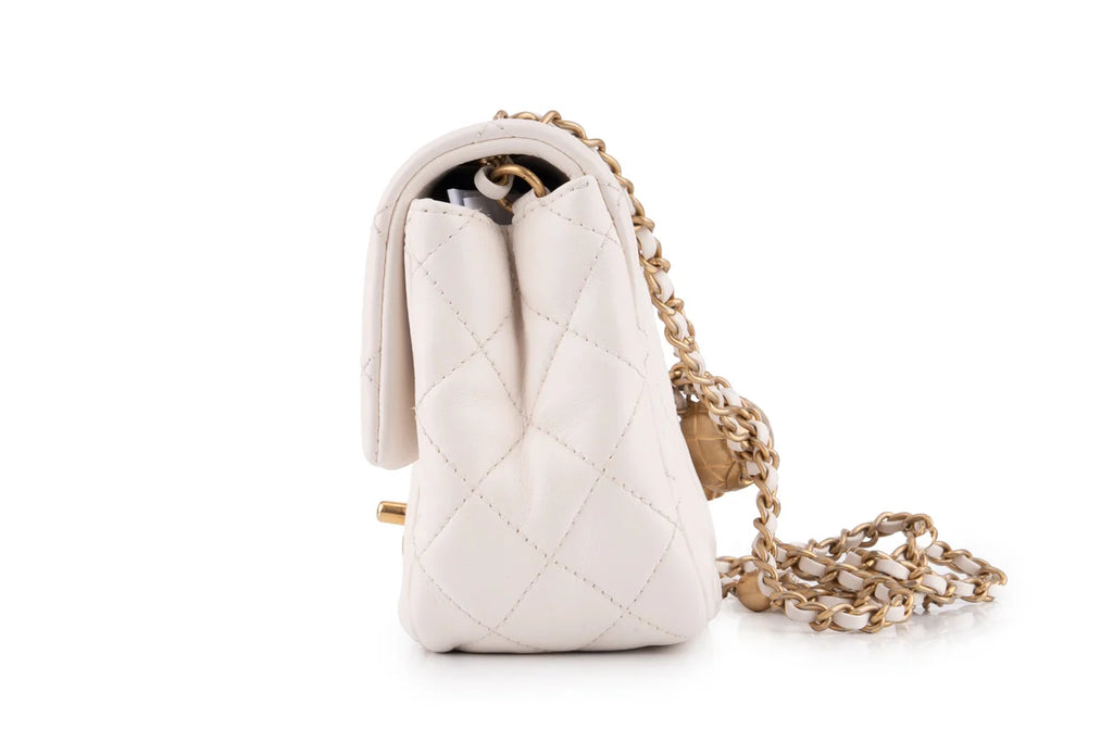 Chanel Quilted Pearl Crush Mini Square Flap Bag Lambskin White GHW