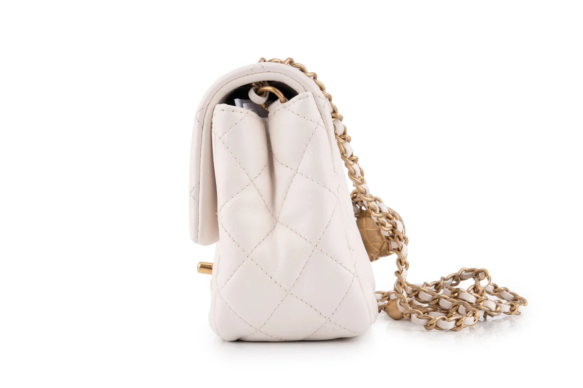 Chanel Quilted Pearl Crush Mini Square Flap Bag Lambskin White GHW