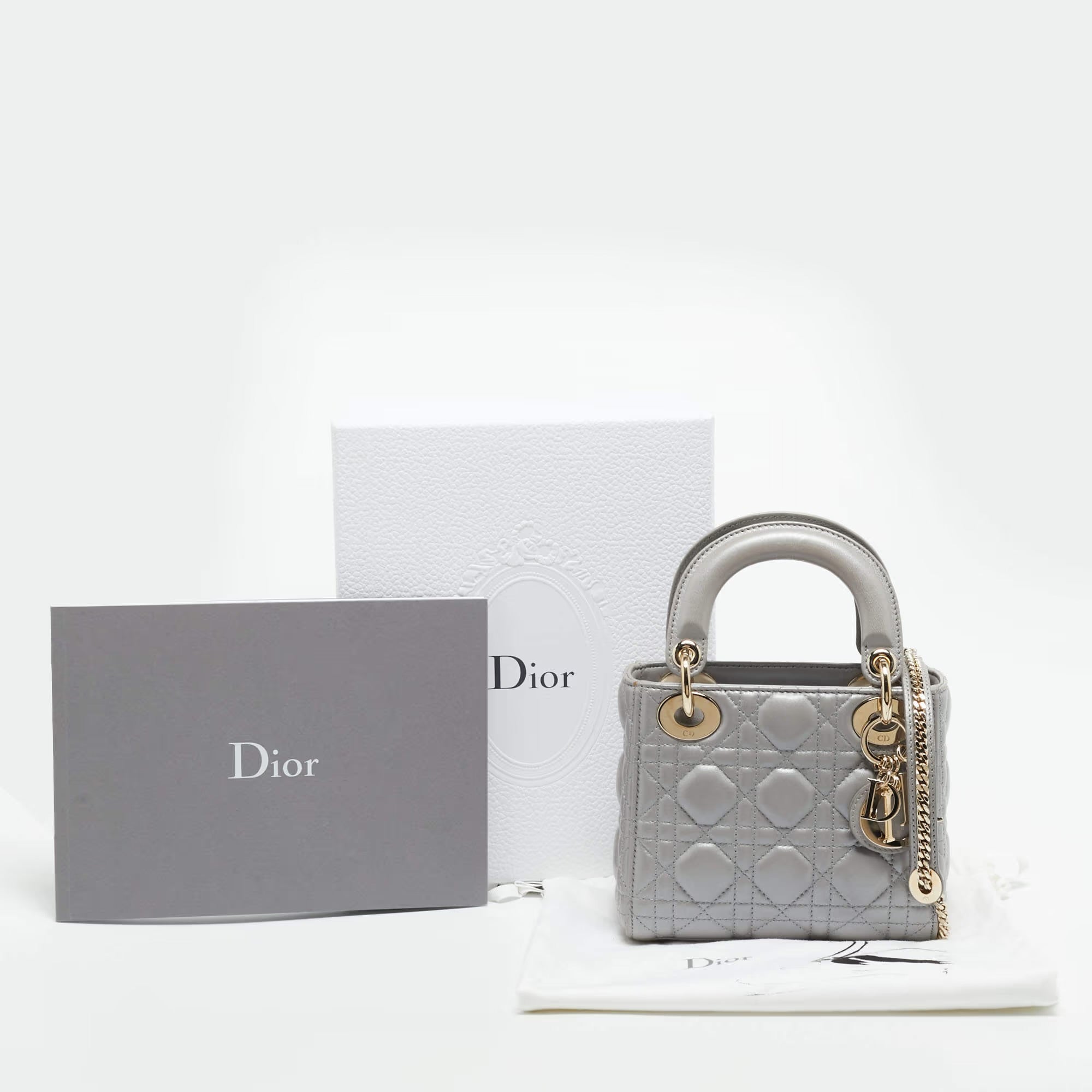 Dior Lady Dior Mini Silver Cannage Leather Tote