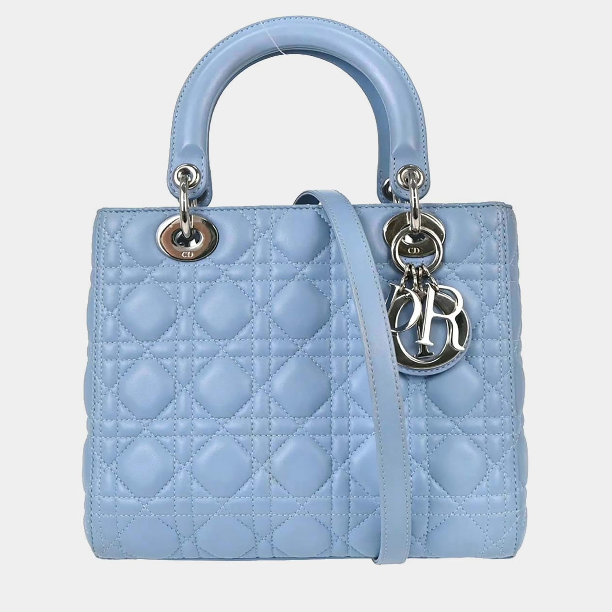Christian Dior Lady Dior Medium Blue Lambskin Top Handle Bag