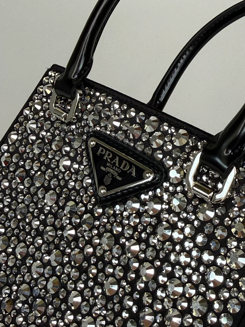 PRADA METAL PANIER SMALL BLACK SATIN CRYSTAL TOTE