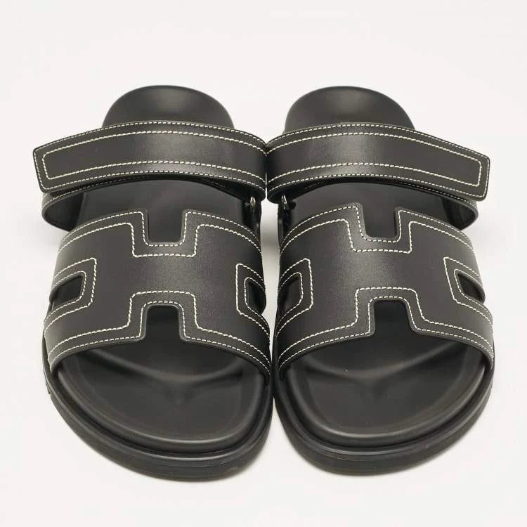 Hermes Black Leather Chypre Sandals Size 46