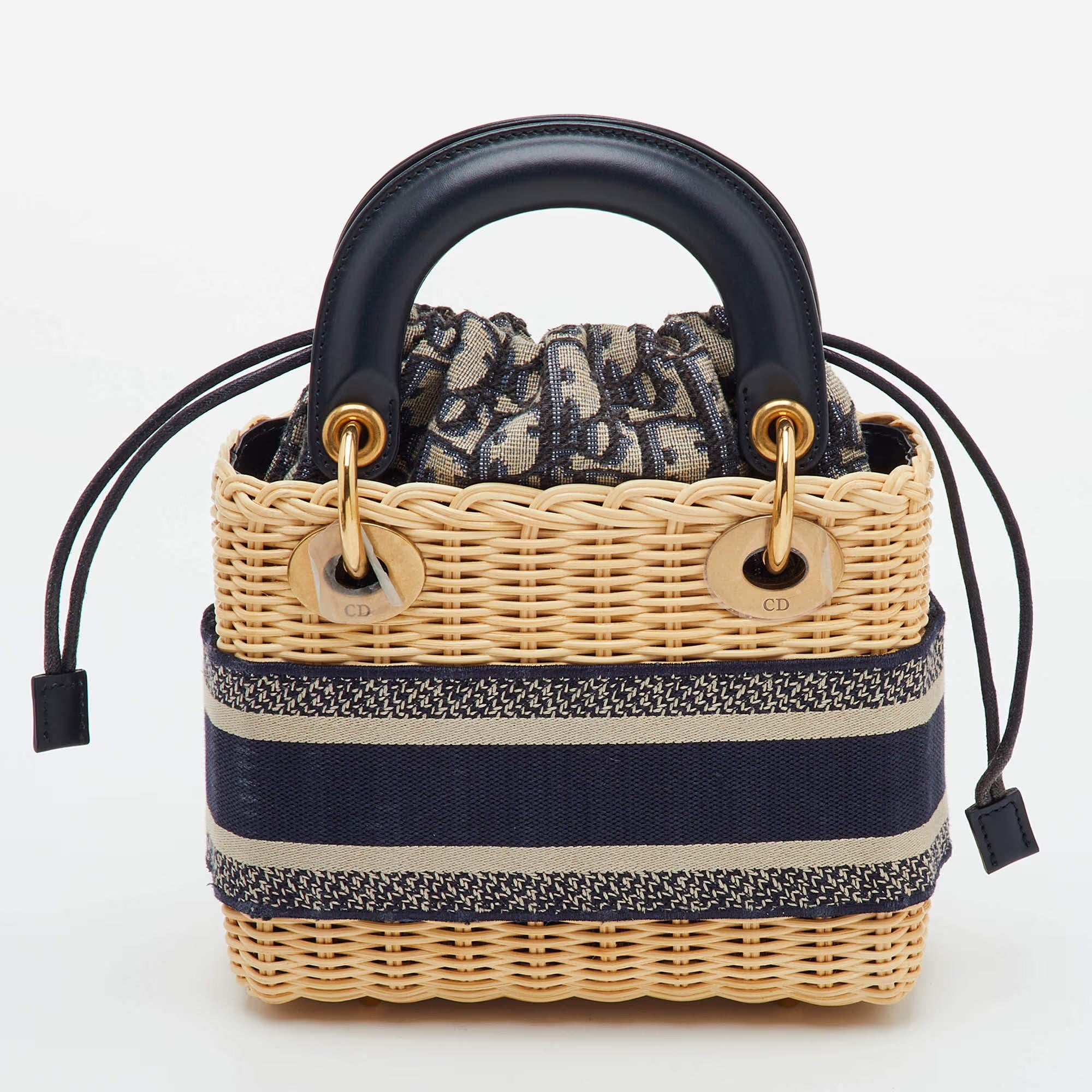 Dior Lady Dior Mini Beige/Navy Blue Wicker and Oblique Canvas Tote