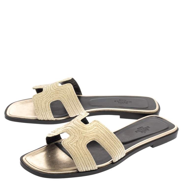 Hermes Metallic Pale Gold Twisted Metal Thread Oran Sandals Size 39.5