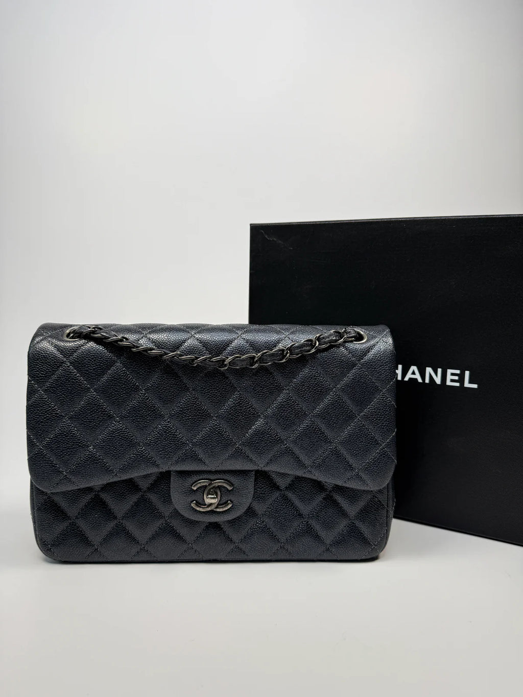 CHANEL JUMBO GUNMETAL METALLIC CALFSKIN LEATHER WITH RUTHENIUM HARDWARE