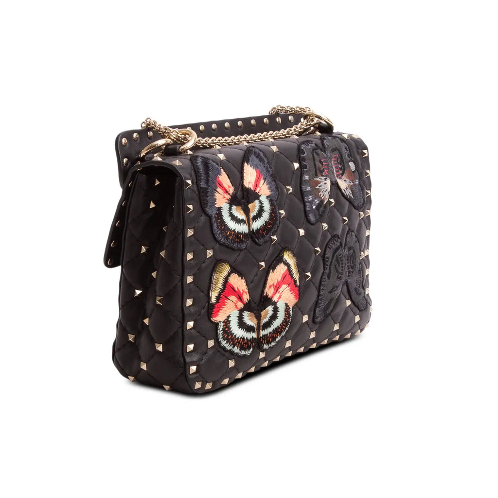 Valentino 2020 Black Nappa Leather Medium Rockstud Butterfly Embroidered Spike Shoulder Bag