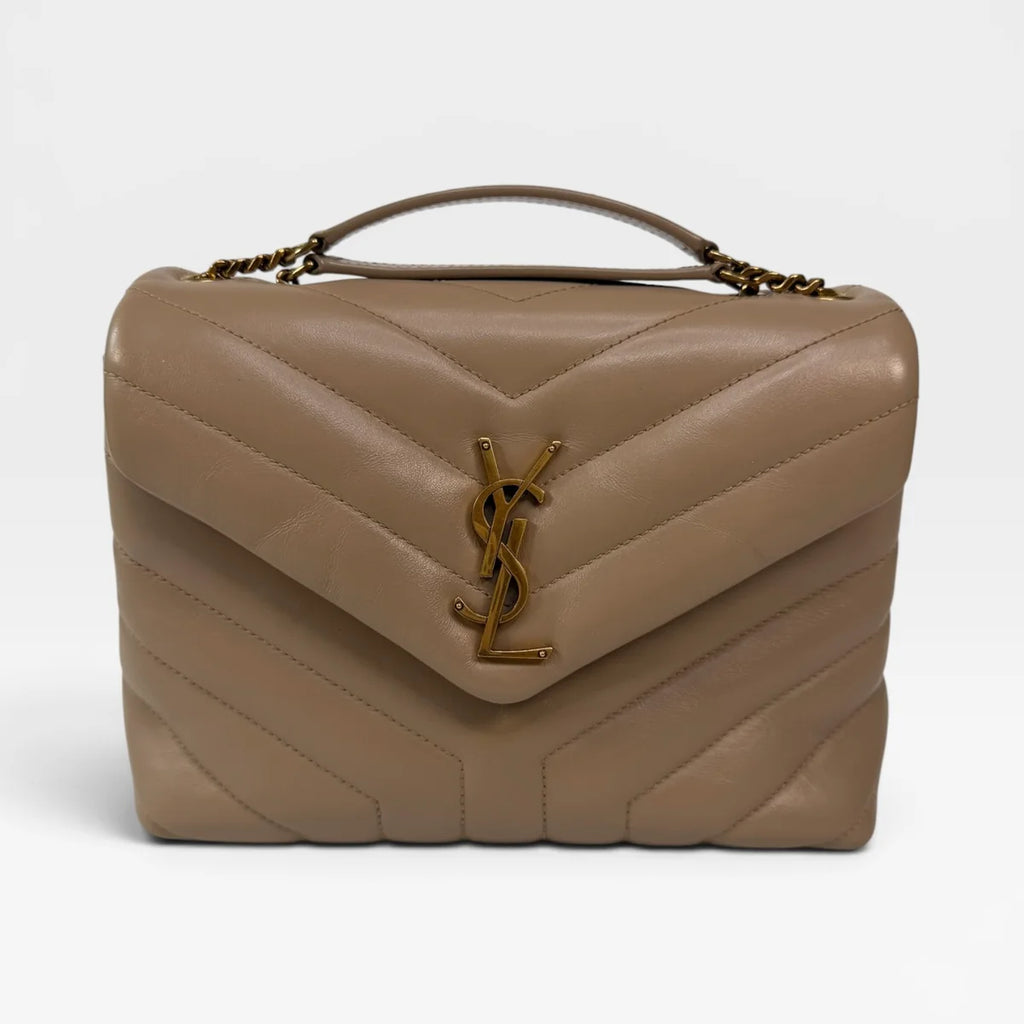 SAINT LAURENT SMALL LOULOU IN DARK BEIGE LEATHER WITH GOLD HARDWARE