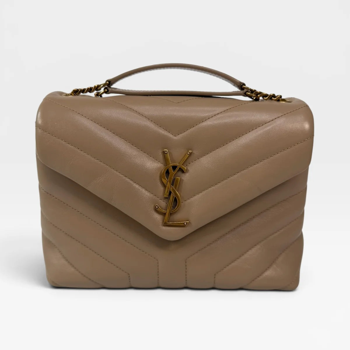 SAINT LAURENT SMALL LOULOU IN DARK BEIGE LEATHER WITH GOLD HARDWARE