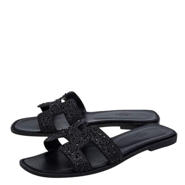 Hermes Black Crystal Embellished Suede Oran Sandals Size 39.5
