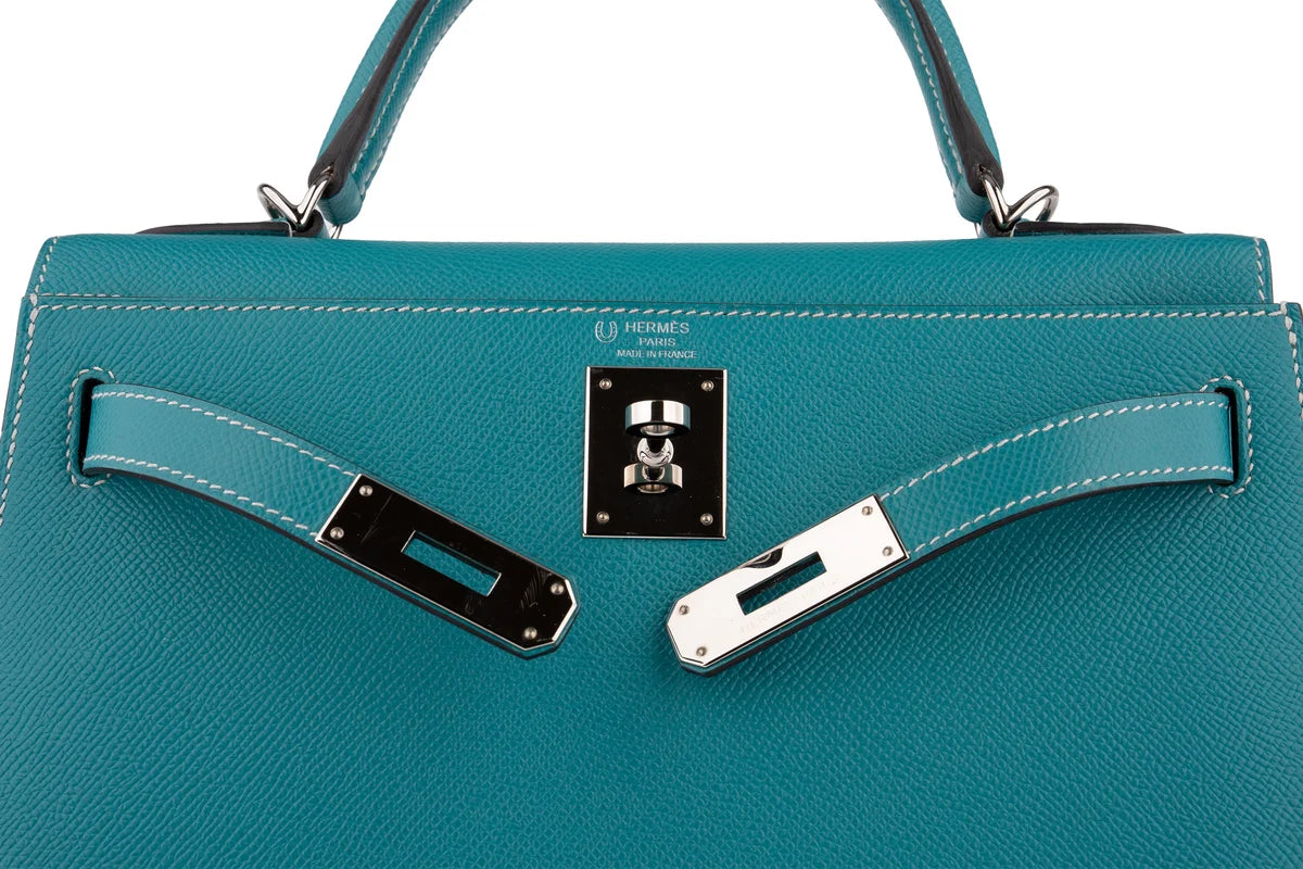 Hermès Kelly 28 HSS Epsom Blue Paon Verso Gris Perle PHW