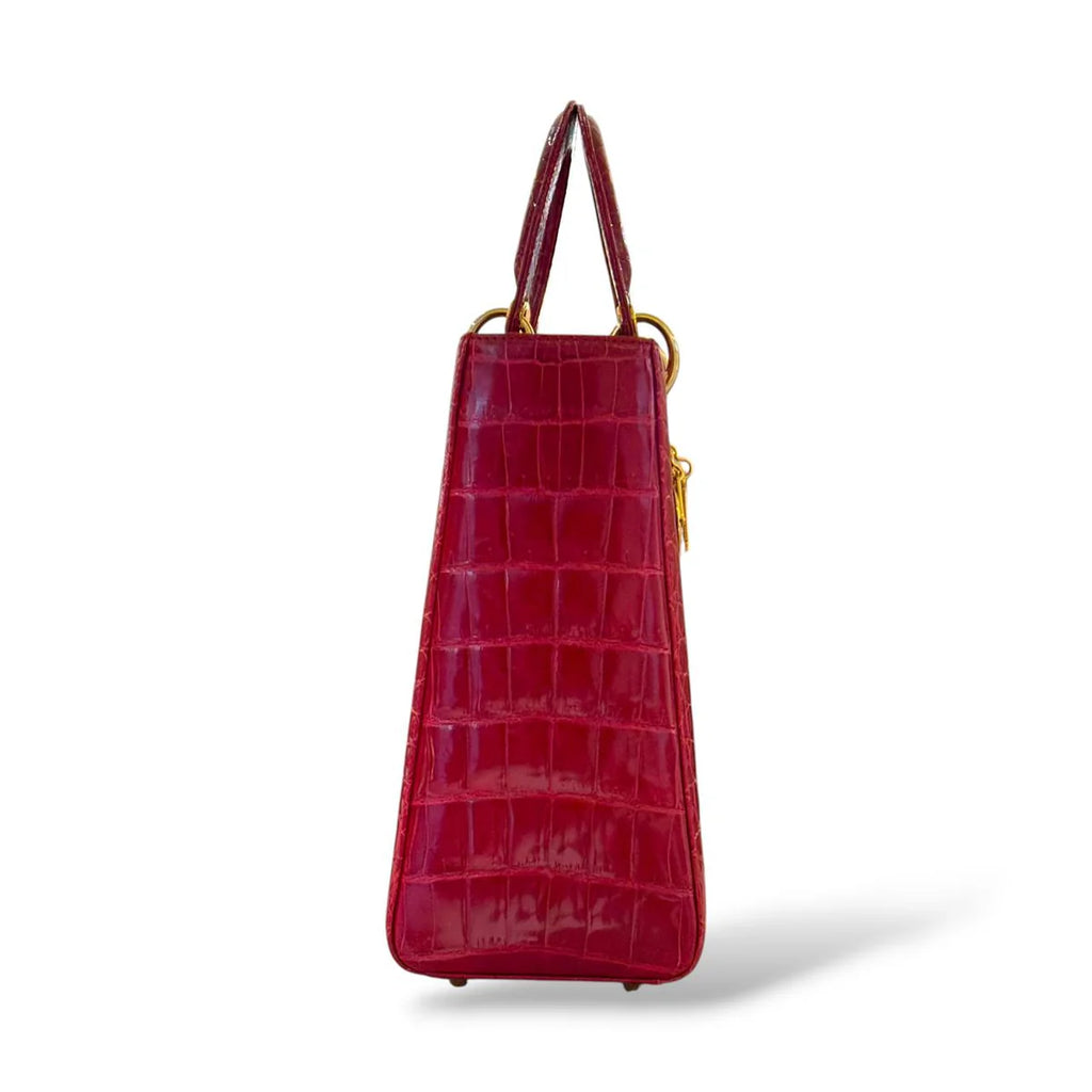 Christian Dior Red Shiny Crocodile Large Lady Dior Tote Bag