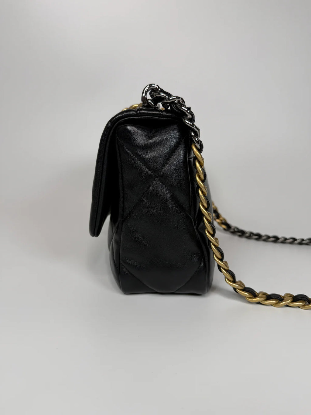 CHANEL 19 SMALL IN BLACK LAMBSKIN LEATHER WITH GOLD AND SILVER HARDWARE