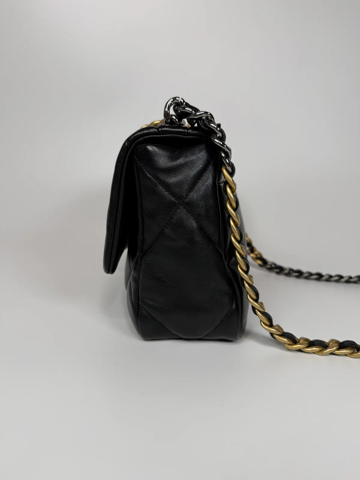CHANEL 19 SMALL IN BLACK LAMBSKIN LEATHER WITH GOLD AND SILVER HARDWARE