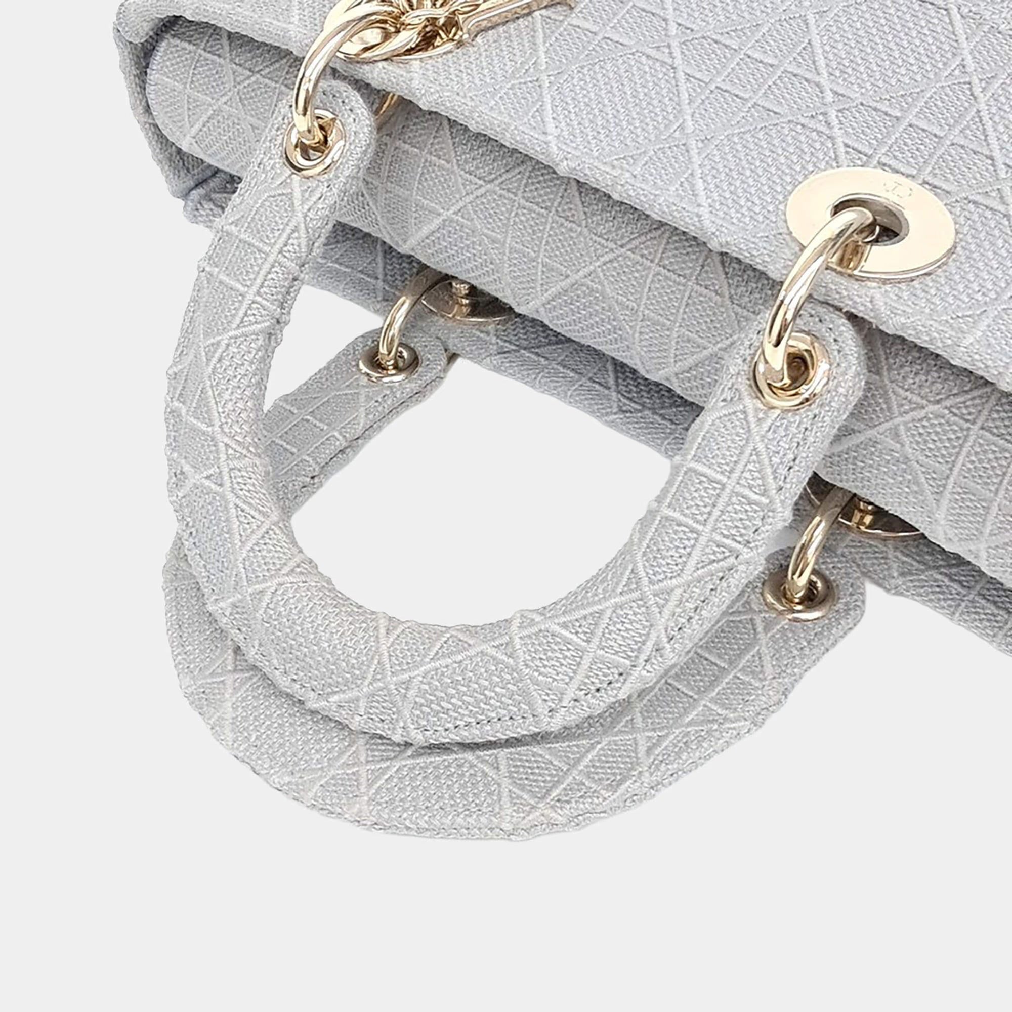 Christian Dior D-Lite Lady Large Grey Fabric Top Handle Bag