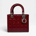 CHRISTIAN DIOR MEDIUM LADY DIOR IN PATENT RED LEATHER WITH SILVER HARDWARE