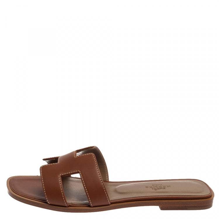 Hermes Brown Leather Oran Sandals Size 37