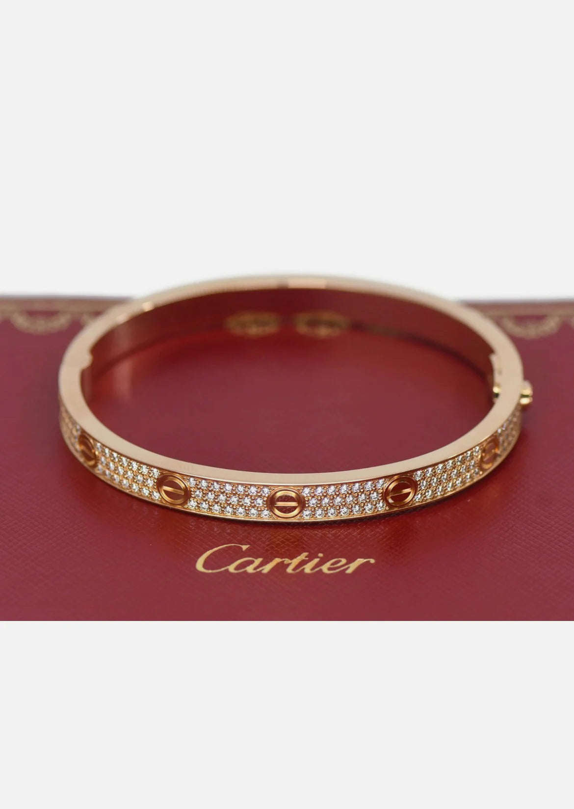 Cartier Diamond Pave 18K Rose Gold Love Bracelet Size 19