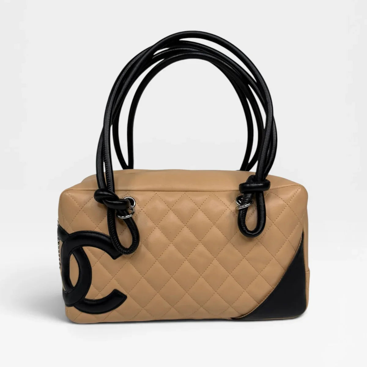 CHANEL CAMBON BOWLING BAG IN BEIGE / BLACK LAMBSKIN LEATHER WITH SILVER HARDWARE