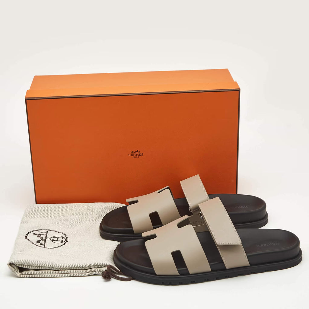 Hermes Chypre Size 42.5 Grey Leather Flat Sandals