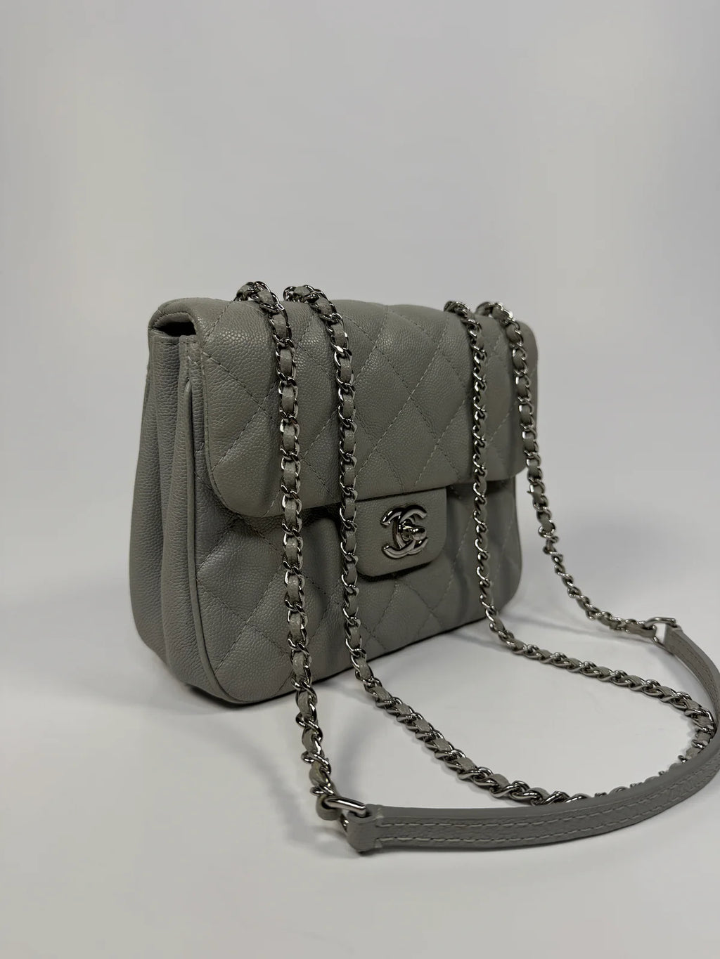 CHANEL MINI FLAP BAG IN GLACIER GREY CAVIAR LEATHER WITH SILVER HARDWARE