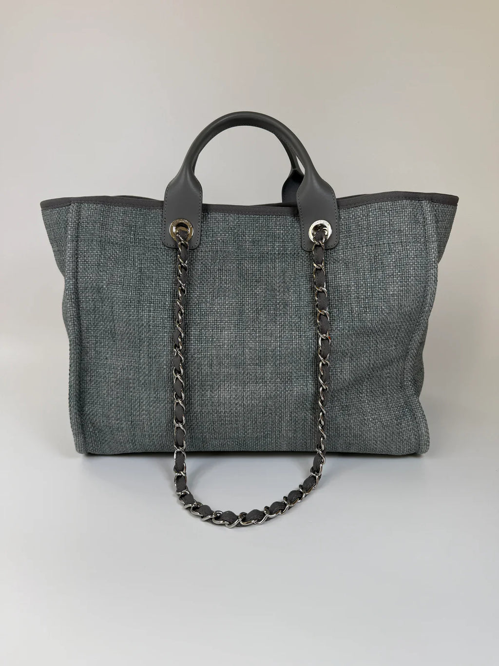 CHANEL MEDIUM DEAUVILLE TOTE BAG IN DENIM BLUE WITH SILVER HARDWARE