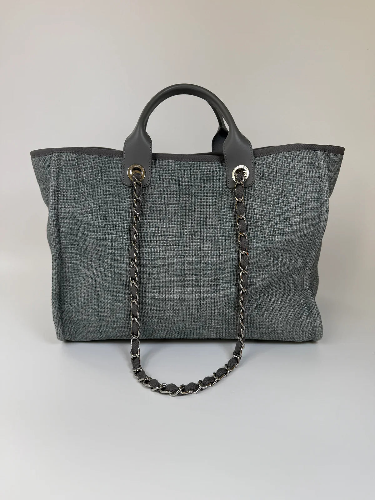 CHANEL MEDIUM DEAUVILLE TOTE BAG IN DENIM BLUE WITH SILVER HARDWARE