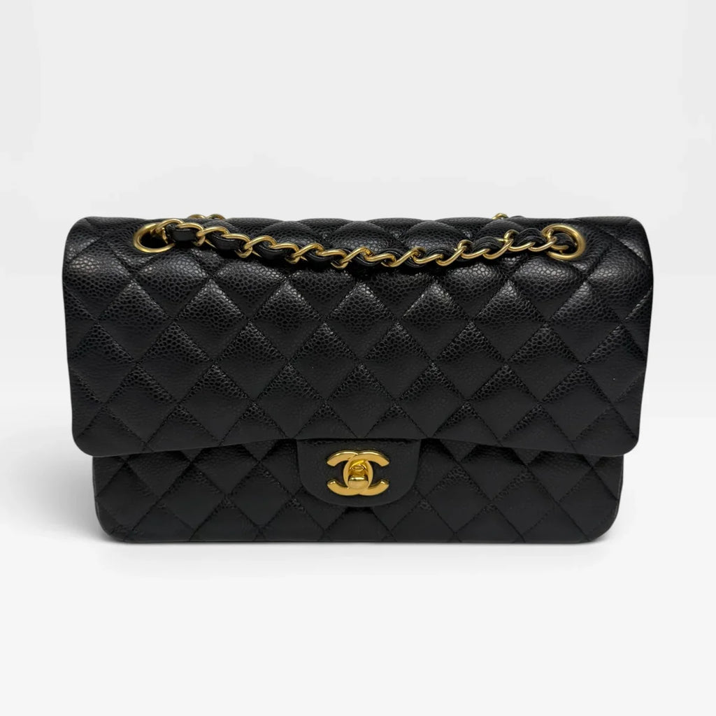 CHANEL MEDIUM CLASSIC DOUBLE FLAP BLACK CAVIAR LEATHER WITH GOLD HARDWARE
