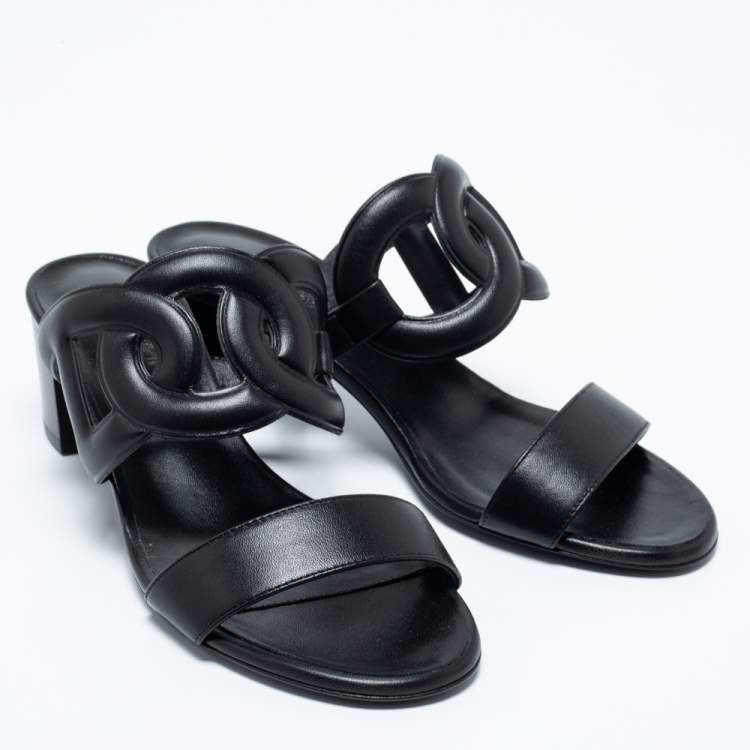 Hermes Black Leather Bikini Slide Sandals Size 36