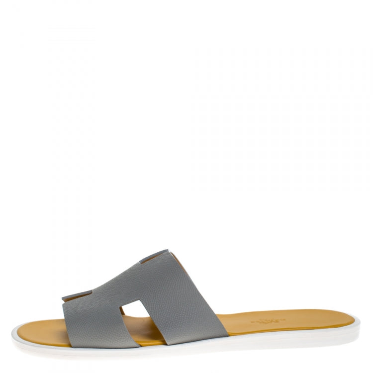 Hermes Grey/Yellow Leather Izmir Flat Slides Size 42