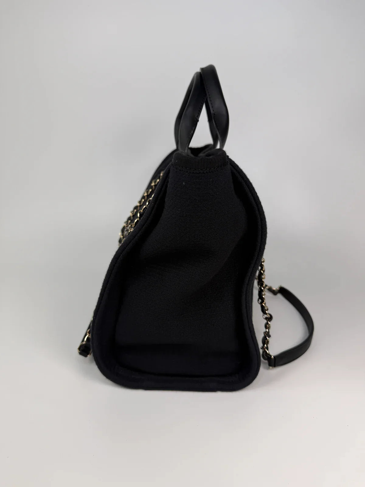 CHANEL SMALL DEAUVILLE TOTE BAG IN BLACK WITH PALE GOLD HARDWARE