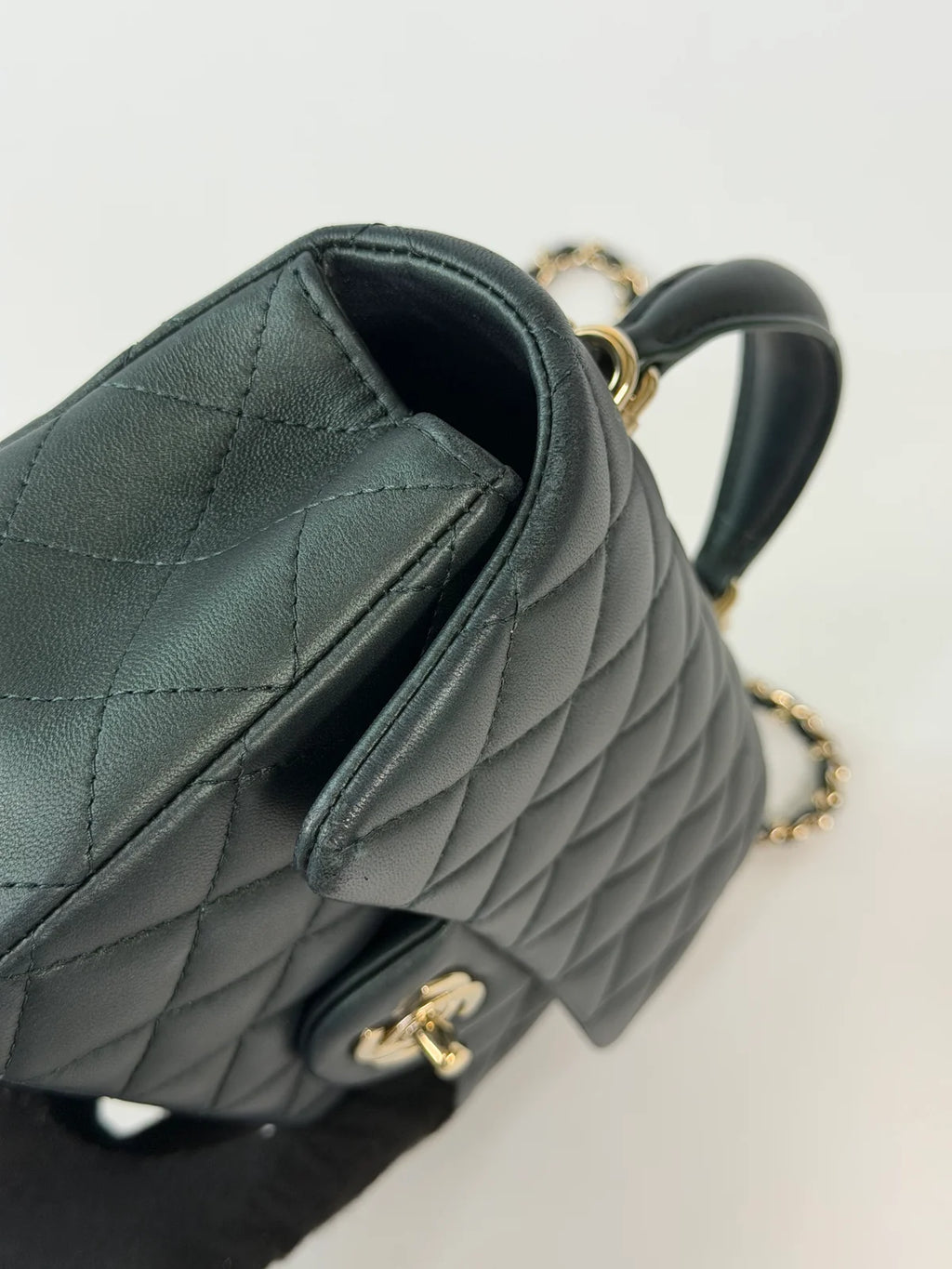 CHANEL MINI RECTANGLE TOP HANDLE IN METALLIC GREEN LAMBSKIN LEATHER GOLD HARDWARE