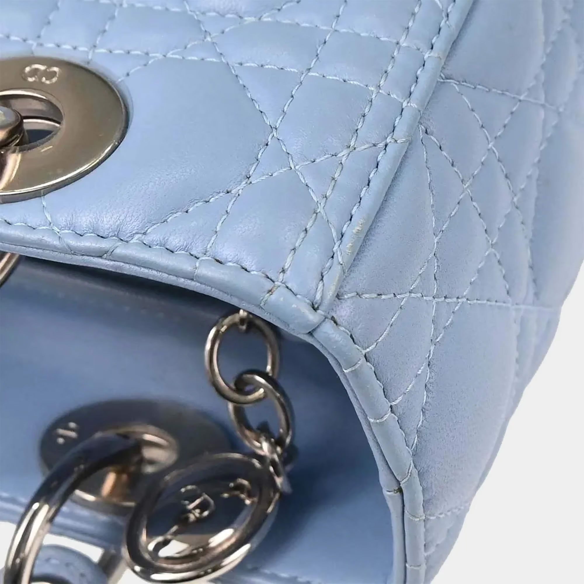 Christian Dior Lady Dior Medium Blue Lambskin Top Handle Bag