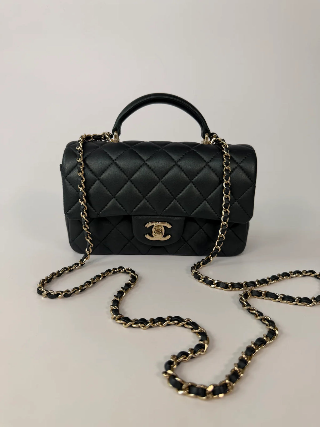CHANEL MINI RECTANGLE TOP HANDLE IN METALLIC GREEN LAMBSKIN LEATHER GOLD HARDWARE