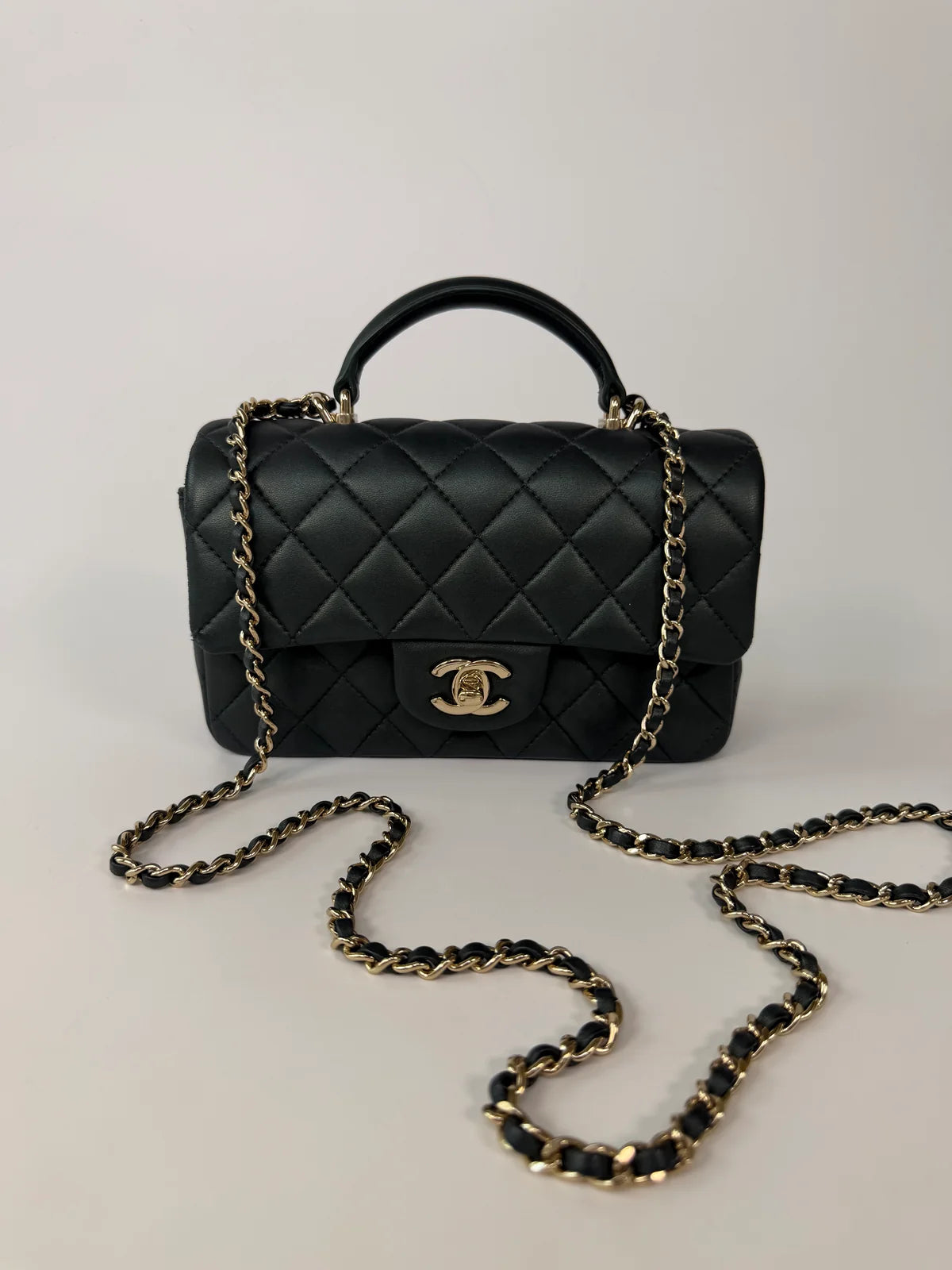CHANEL MINI RECTANGLE TOP HANDLE IN METALLIC GREEN LAMBSKIN LEATHER GOLD HARDWARE