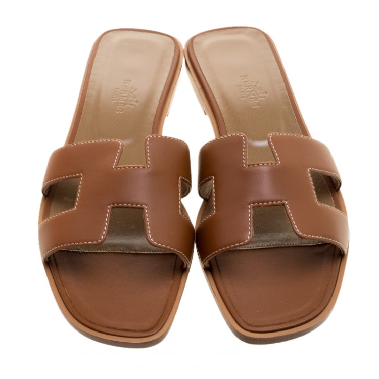 Hermes Brown Leather Oran Flat Sandals Size 39