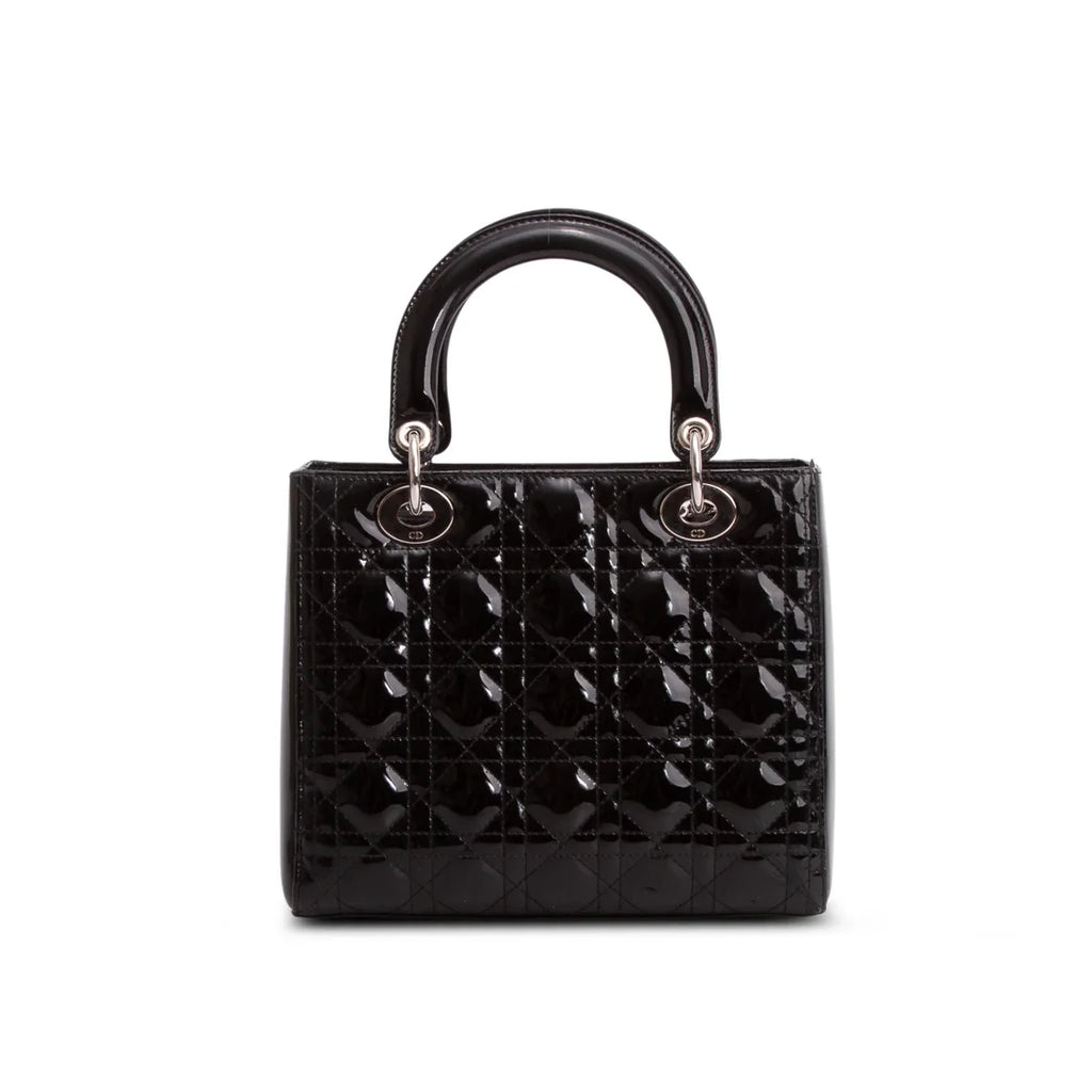 Christian Dior Black Cannage Patent Leather Medium Lady Dior Bag